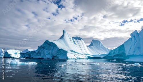 Wallpaper Mural Majestic icebergs with pointed peaks float in serene blue waters under a cloudy, textured sky Torontodigital.ca