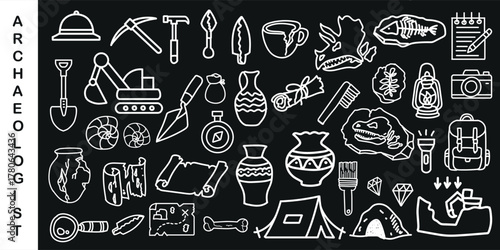 Creative archaeologist doodle icon set featuring fossils, pottery, tools, bones, and excavation symbols. Perfect for education, history projects, museum posters, and adventure-themed designs. B and W.
