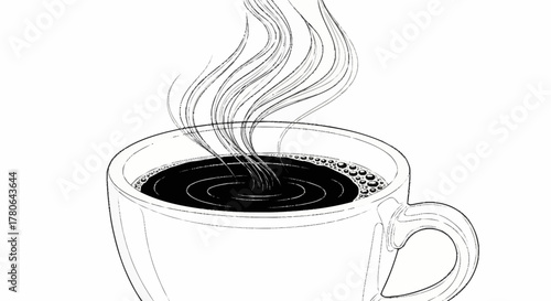 Steaming hot coffee in a mug line art drawing.