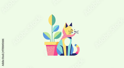Stylized Cat and Potted Plant Illustration.