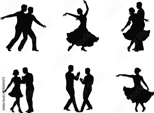 Black silhouettes of dancing couples in elegant poses, formal attire vector illustration showcasing rhythm, movement, coordination and expressive celebration