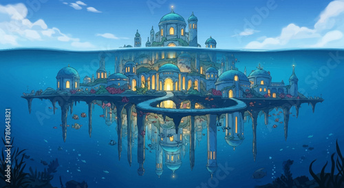 Stunning underwater city with illuminated buildings and intricate architecture.