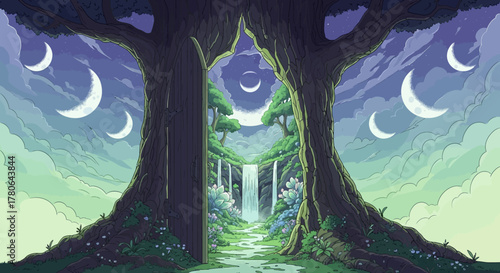 Two colossal trees frame a mystical forest path leading to a waterfall under multiple crescent moons.