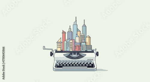 Typewriter with Cityscape Illustration on Light Background.