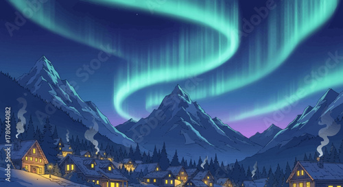Vibrant Aurora Borealis Illuminating a Serene Winter Mountain Village at Night.