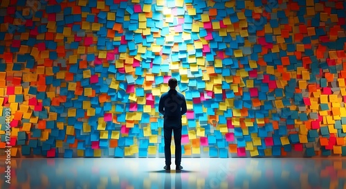 A man stands in front of a wall covered with sticky notes, symbolizing overwhelming tasks, information overload, or a complex problem to solve