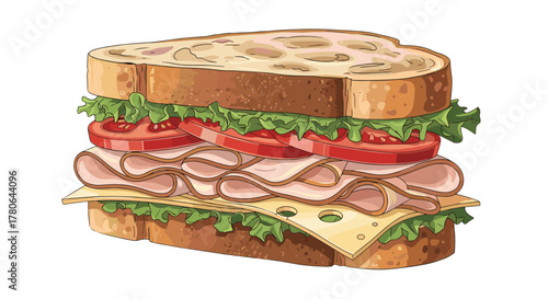 Deliciously Layered Sandwich Illustration Featuring Fresh Ingredients and Toasted Bread
