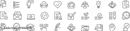 Editable line style checkmark icon set featuring check, accept, agree, selected, confirm, approve, correct, complete, checklist, and verified symbols. Clean modern vector illustration for apps, UI, an