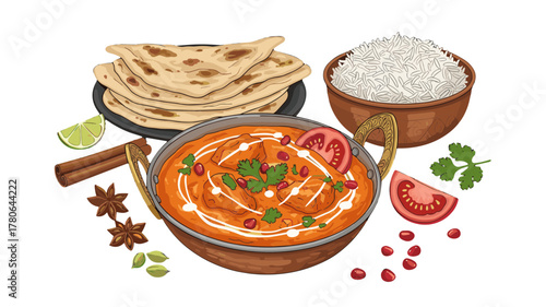 Delicious Indian Cuisine Butter Chicken with Rice and Naan