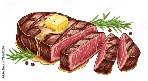 Delicious Sliced Steak with Butter and Rosemary Sprigs Illustration
