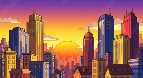 Vibrant Cityscape at Sunset with Prominent Skyscrapers and Urban Architecture.