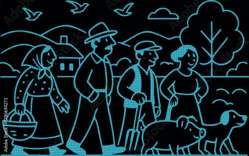 Countryside Scene with Family, Animals, and Nature – Textured Blue Vector Illustration