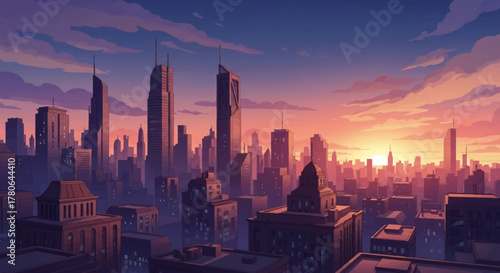 Vibrant Cityscape at Sunset with Towering Skyscrapers and Urban Architecture.
