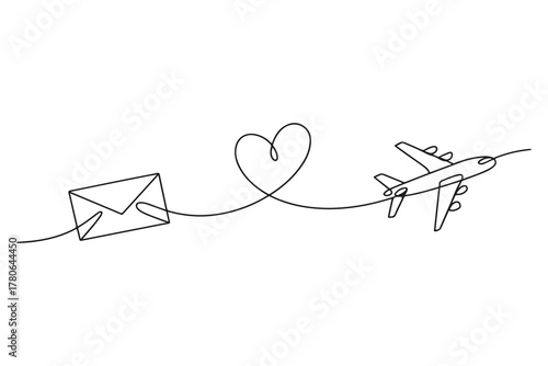 Continuous one line drawing of love letter and airplane illustration
