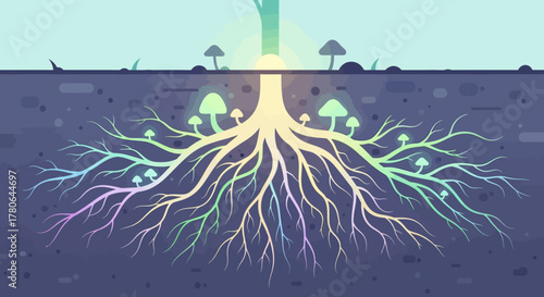 Vibrant glowing tree roots with mystical mushrooms underground.