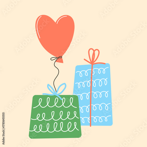 Happy Holiday Greeting Card Background. Party Doodle Decorative Element. Hand Drawn Funny Vibrant Childish Element. Gift Box for Birthday Party, Christmas Family Gift, New year or Wedding Greeting	