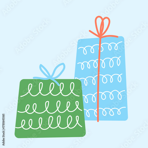 Happy Holiday Greeting Card Background. Party Doodle Decorative Element. Hand Drawn Funny Vibrant Childish Element. Gift Box for Birthday Party, Christmas Family Gift, New year or Wedding Greeting	