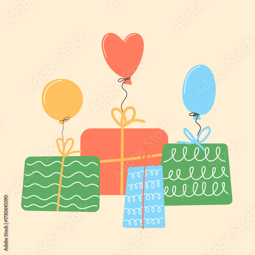 Happy Holiday Greeting Card Background. Party Doodle Decorative Element. Hand Drawn Funny Vibrant Childish Element. Gift Box for Birthday Party, Christmas Family Gift, New year or Wedding Greeting	