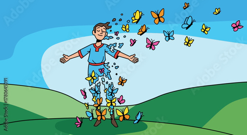 Man with open arms surrounded by colorful butterflies.