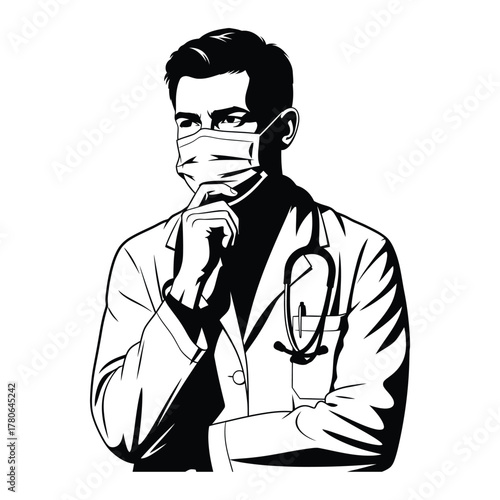 Thoughtful male doctor with mask and stethoscope, black and white