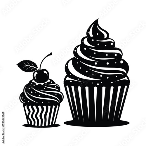 Stylized black and white cupcake illustrations set, sweet dessert