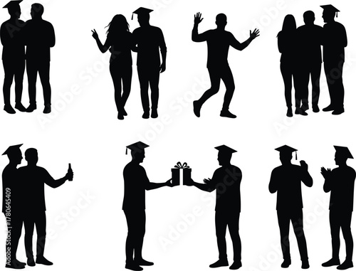 Black silhouettes of graduates celebrating achievement, wearing caps, cheering, clapping, gifting, joyful academic success vector illustration for education design