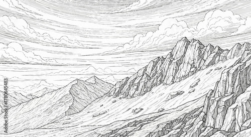 Majestic Mountain Range Sketch with Dramatic Peaks and Valleys.
