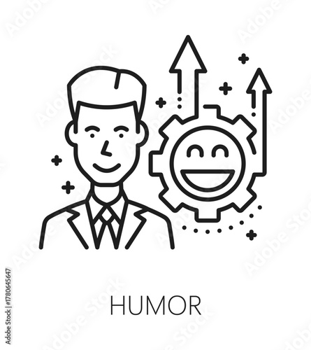 Humor life skills line icon or symbol. Personality humor ability linear vector symbol, people potential sign. Personal quality pictogram or life skills icon with man employee cheerful character