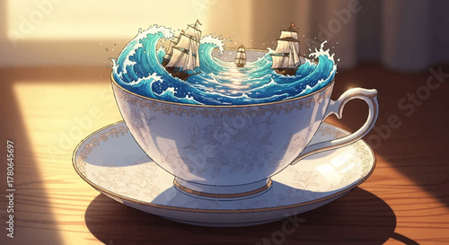 Miniature Ocean Storm with Sailing Ships in a Teacup.