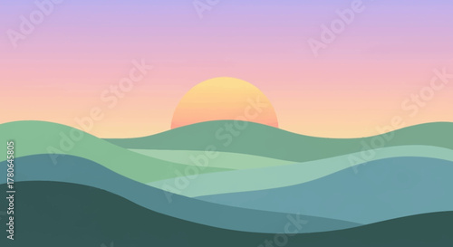 Minimalist Landscape with Rolling Hills and Sunset.