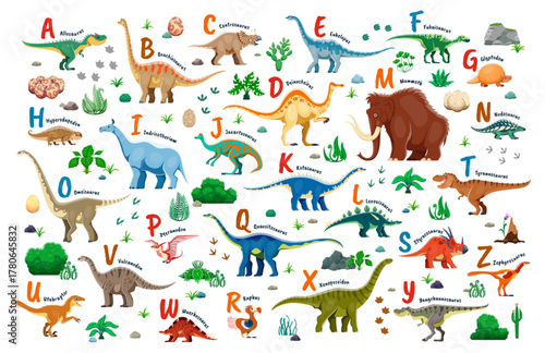 Kids dinosaurs alphabet from a to z featuring prehistoric creatures species and matching uppercase letters. Vector abc for education and early childhood learning with cartoon Jurassic reptile animals