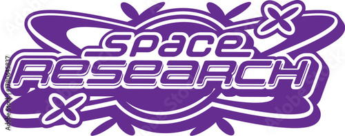 Space research and explore retro Y2K icon or emblem. Galaxy outerspace exploration funky Y2K vector icon, space research emblem. Universe travel sign or sticker with purple and white colors typography