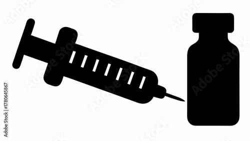 Black silhouette of a syringe with a needle and a vial on a white background for vaccination one hundred