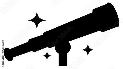 Silhouette of a telescope on a stand with sparkling stars around it in a simple black and white design