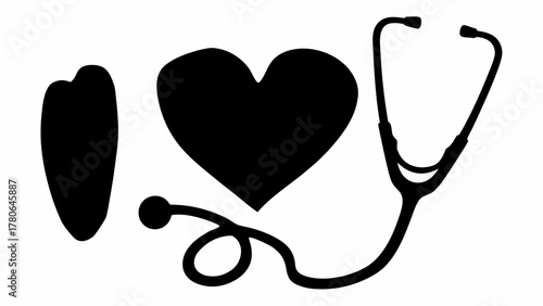 Silhouette of a kidney shape, a heart, and a stethoscope on a white background illustration