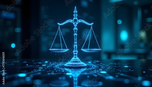 Imagine a futuristic digital interface displaying a sleek and modern justice scale, symbolizing the balance and fairness brought by digital law systems and regulations