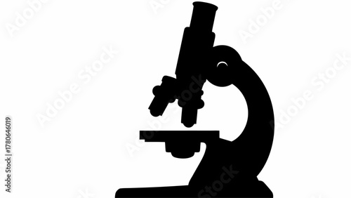 Silhouette depiction of a microscope with visible lens stage and adjustment knobs for focusing work