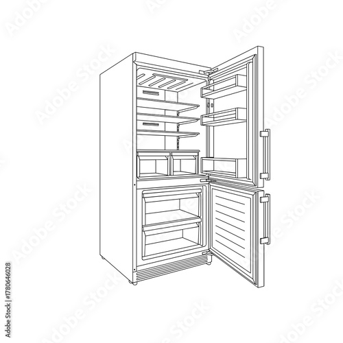 Refrigerator interior with open doors showing shelves and storage bins  