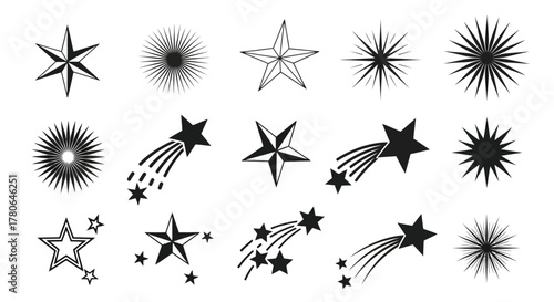 A diverse collection of graphic star icons and celestial symbols. This set includes various designs like shooting stars, sparkles, and starbursts