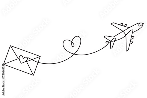 Continuous one line drawing of love letter and airplane illustration
