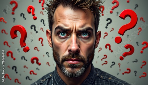The man's furrowed brow and downturned mouth convey his deep concern and confusion, amplified by the sea of looming question marks behind him, symbolizing his internal struggle and uncertainty.