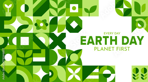 Earth day abstract geometric poster. Ecology environment green banner with nature patterns. Save our planet template with modern mosaic ornament. Vector cover or layout for April 22 celebration
