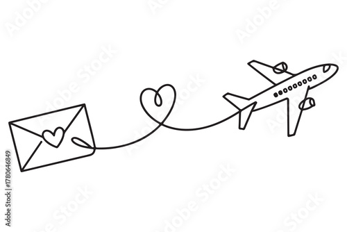 Continuous one line drawing of love letter and airplane illustration
