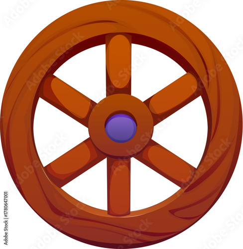 Cartoon wooden wagon wheel shaped like the letter O from a funny agriculture typeface, farm font, harvest type, funny English alphabet. Vector abc character features a rustic round form with spokes