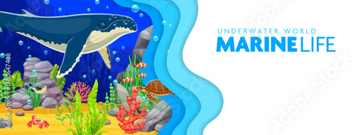 Paper cut underwater landscape banner with big blue whale, sea turtle and crab animals and fishes swim amidst vibrant coral reef. 3d vector layered papercut frame with cartoon ocean life biodiversity