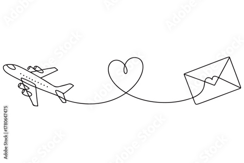 Continuous one line drawing of love letter and airplane illustration
