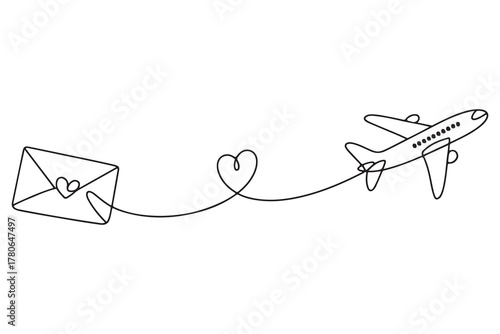 Continuous one line drawing of love letter and airplane illustration
