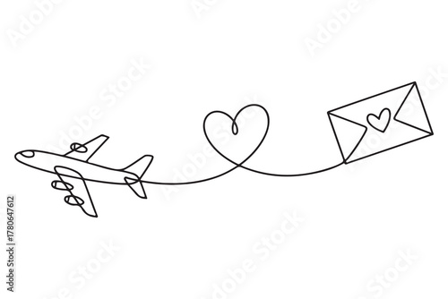 Continuous one line drawing of love letter and airplane illustration
