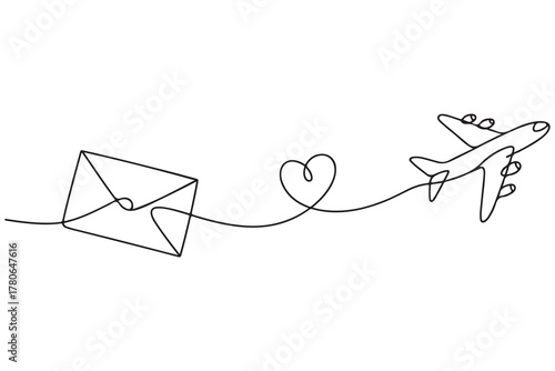 Continuous one line drawing of love letter and airplane illustration
