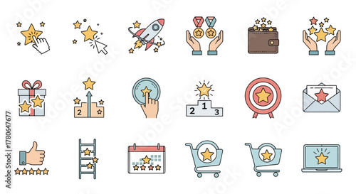 Collection of Flat Icons Representing Success, Achievement, and Rewards